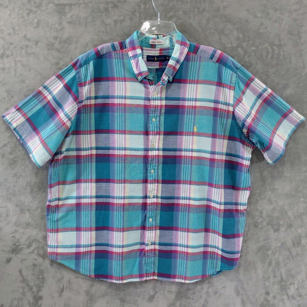 Ralph Lauren Indian Madras Plaid Short Sleeve Shirt Men's 2XB Cotton Button Down
